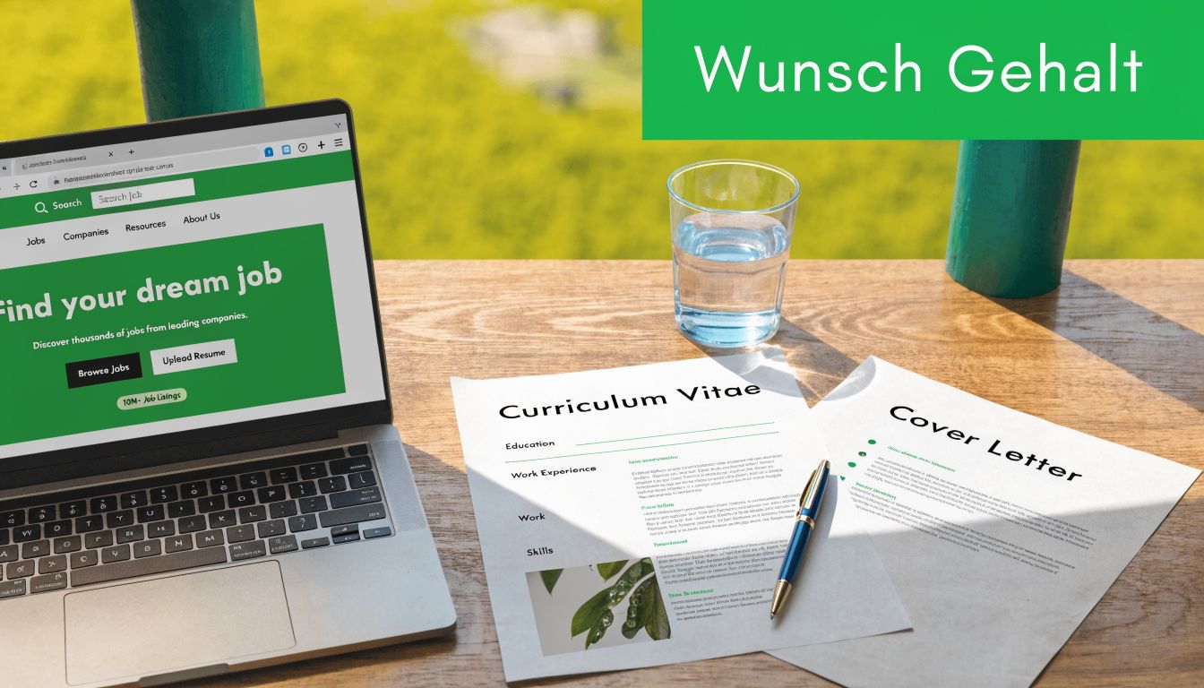 Ein Laptop, ein Lebenslauf und ein Anschreiben liegen auf einem Holztisch neben einem Glas Wasser.