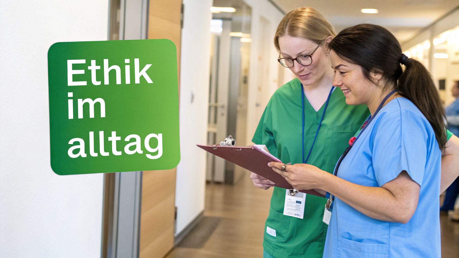 Zwei lächelnde Pflegekräfte in einem Krankenhausflur besprechen eine Akte vor einem Schild mit der Aufschrift 'Ethik im Alltag'.