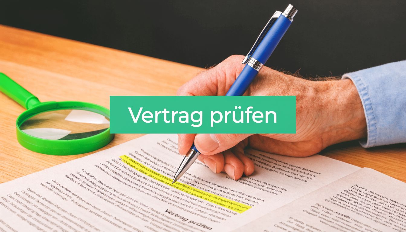 Ein Mensch unterschreibt einen Vertrag mit einem blauen Stift neben einer Lupe auf einem Holztisch.