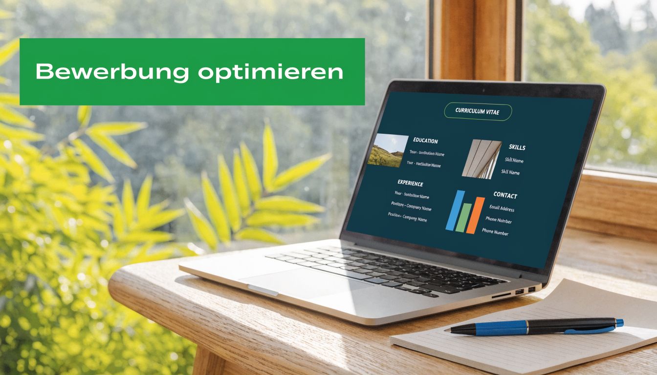 Ein Laptop steht auf einem Holztisch vor einem Fenster, mit einer Anzeige zur Optimierung der eigenen Bewerbungsunterlagen.