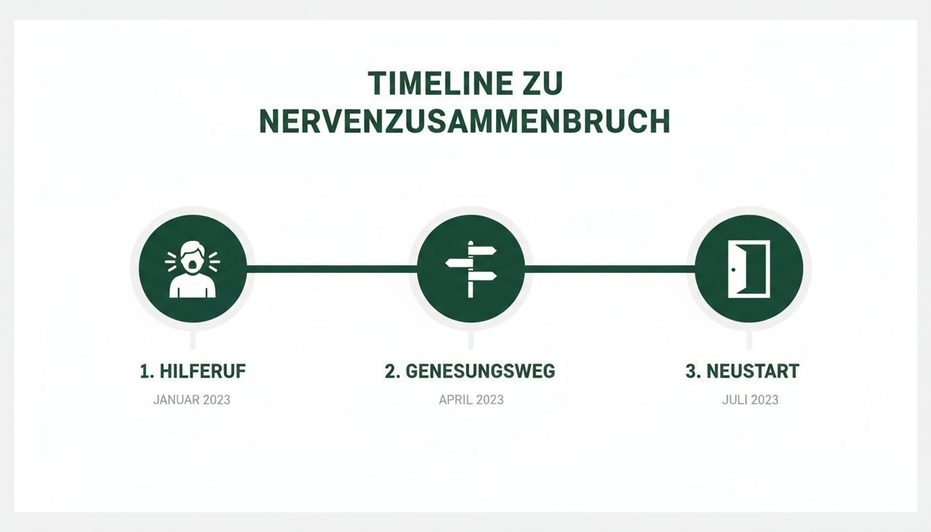 Timeline zum Nervenzusammenbruch mit drei Schritten: Hilferuf (Januar 2023), Genesungsweg (April 2023) und Neustart (Juli 2023).