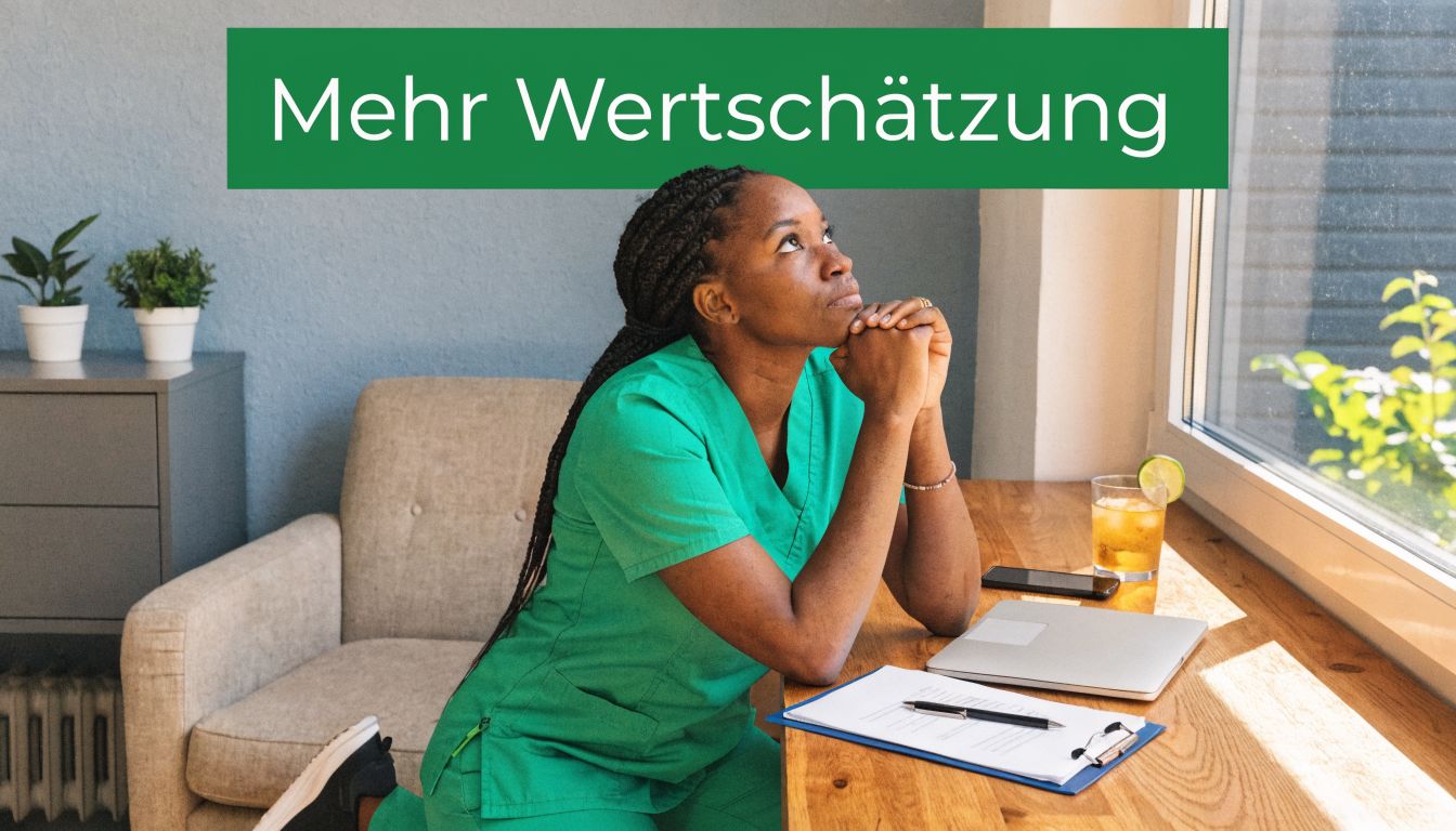 Eine nachdenkliche Krankenschwester in grüner Arbeitskleidung sitzt am Tisch mit Laptop und Notizen vor einem Fenster.