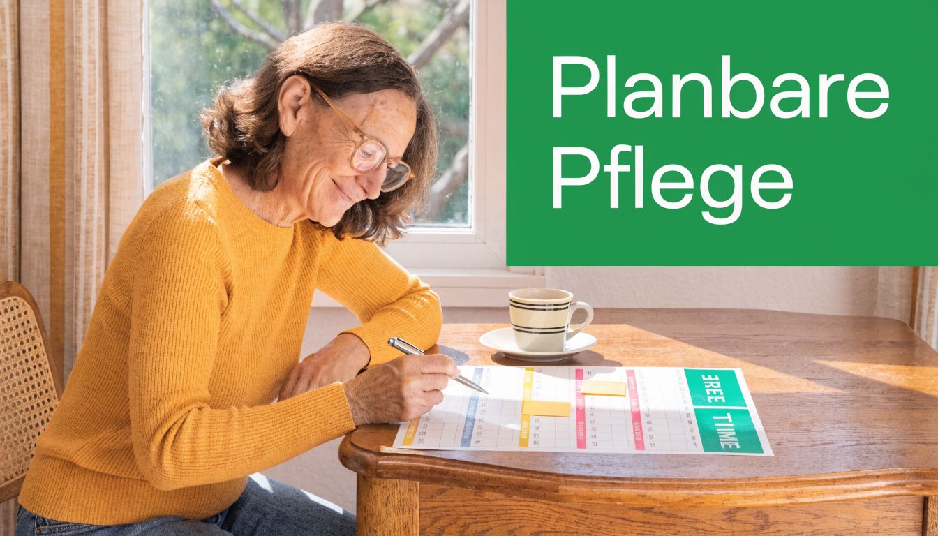 Eine ältere Frau sitzt am Tisch und plant ihre Pflegetermine auf einem übersichtlichen Kalenderblatt.