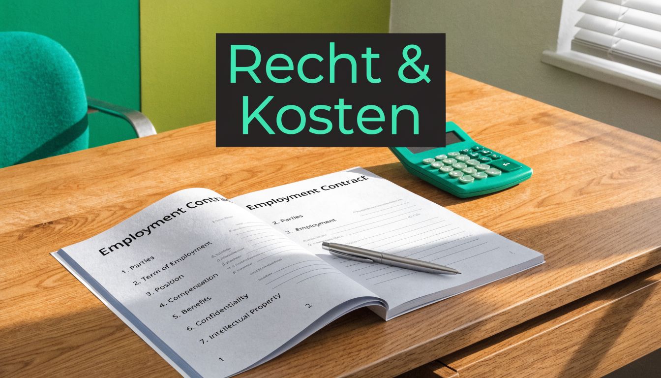Ein Arbeitsvertrag mit Stift und Taschenrechner auf einem Schreibtisch, darüber die Überschrift Recht & Kosten.