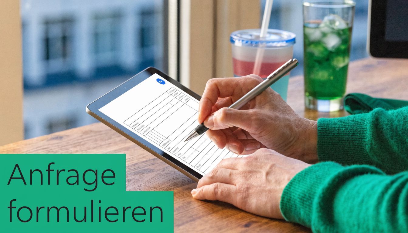 Eine Person füllt ein digitales Formular zur Arbeitnehmerüberlassung auf einem Tablet mit einem Eingabestift an einem Schreibtisch aus.