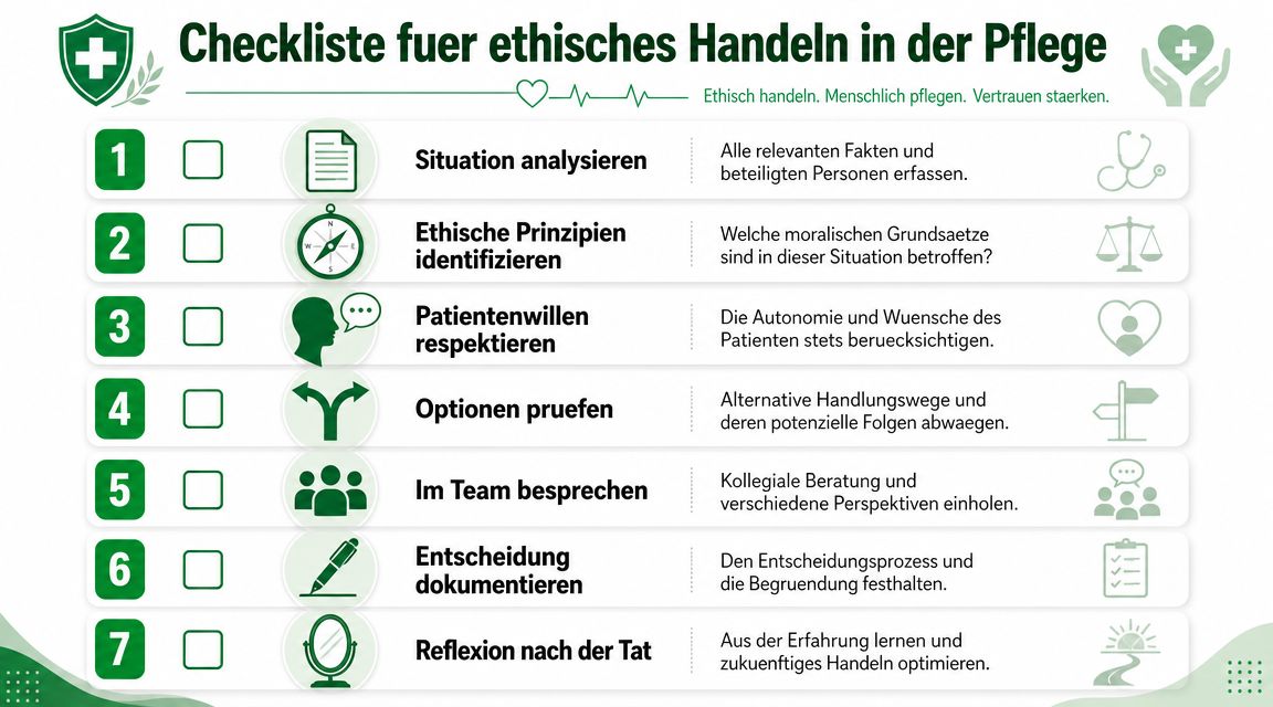 Eine Checkliste für ethisches Handeln in der Pflege mit sieben Schritten für pflegerische Entscheidungsprozesse und moralische Reflexion.