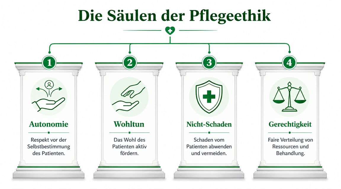 Eine Grafik, die die vier ethischen Prinzipien der Pflegeethik in Form von vier beschrifteten Säulen darstellt.