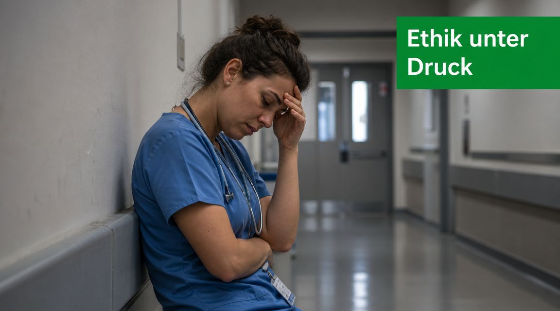 Eine erschöpfte Krankenschwester lehnt sich in einem Krankenhausflur an eine Wand und hält sich die Stirn.