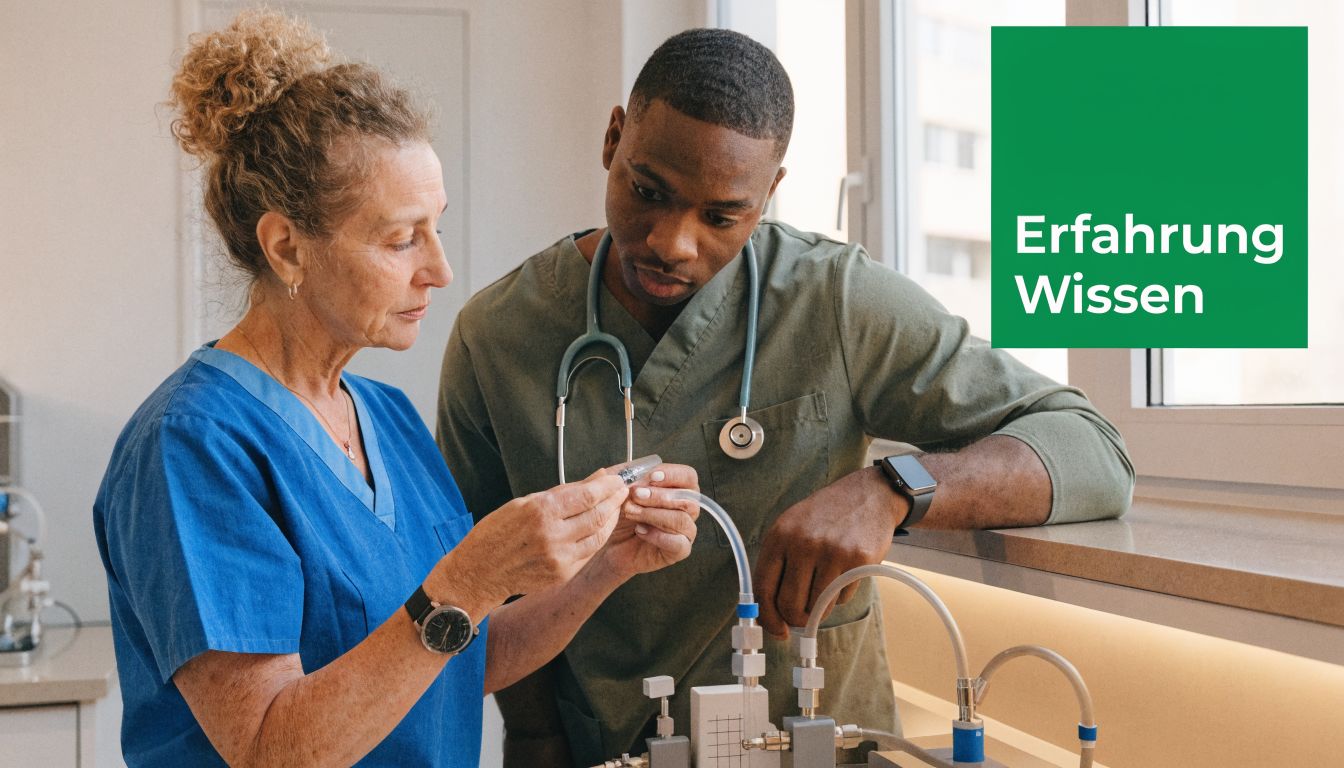 Eine erfahrene Krankenschwester und ein junger Pfleger untersuchen gemeinsam ein medizinisches Gerät in einer Klinik.