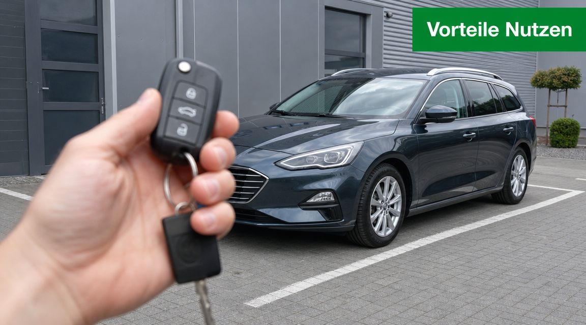 Eine Hand hält einen Autoschlüssel vor einem modernen dunklen Kombi auf einem gepflasterten Parkplatz.