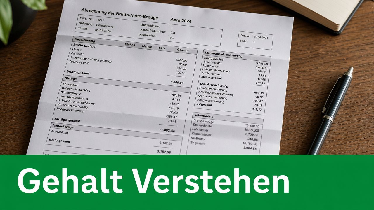 Eine Gehaltsabrechnung für April 2024 zeigt die Brutto- und Netto-Bezüge sowie diverse Abzüge für Steuern und Sozialversicherungen.