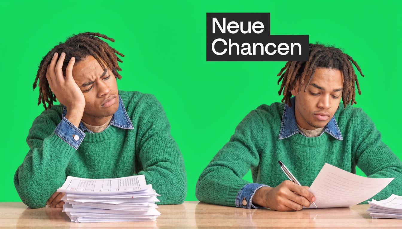 Ein junger Mann mit Dreadlocks am Schreibtisch, der zuerst gestresst wirkt und dann konzentriert Dokumente ausfüllt.