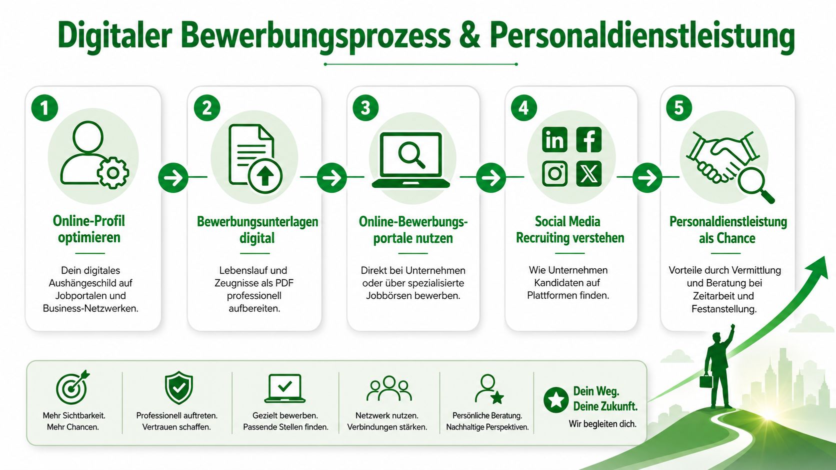Eine Infografik zum digitalen Bewerbungsprozess und zur Personalvermittlung in fünf strukturierten Schritten für Arbeitssuchende.