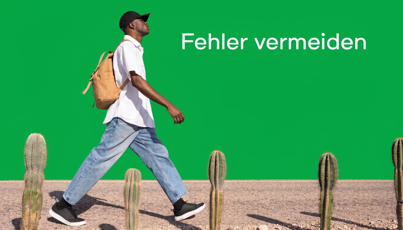 Ein junger Mann mit Rucksack läuft auf einer Straße entlang, umgeben von Kakteen vor einem grünen Hintergrund.
