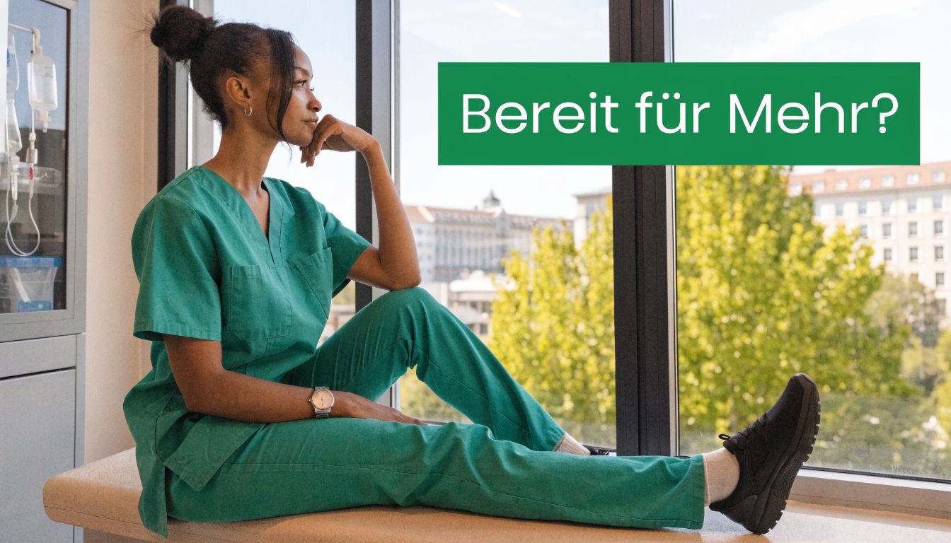 Eine junge Krankenschwester in grüner Arbeitskleidung sitzt nachdenklich am Fenster und schaut auf die Stadt hinaus.