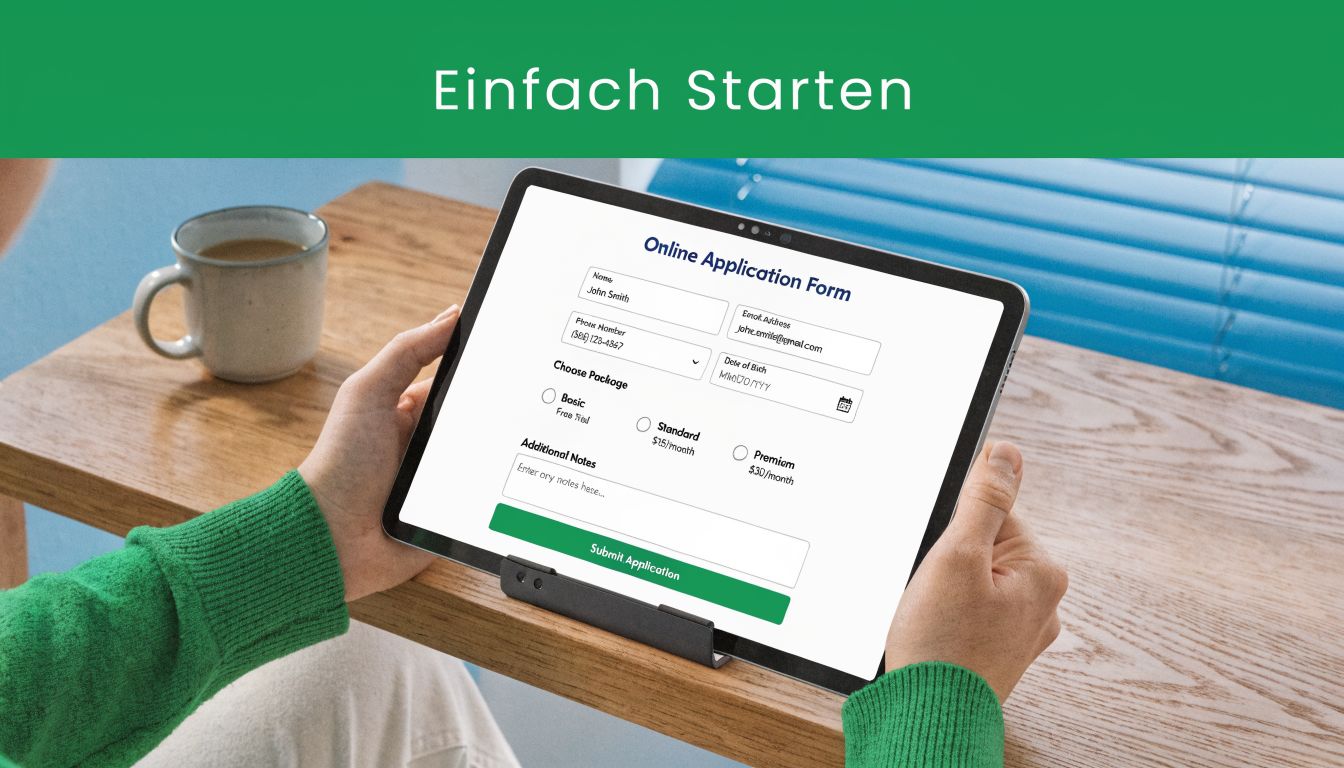 Eine Person füllt auf einem Tablet ein digitales Bewerbungsformular für eine Stelle in der Intensivpflege aus.