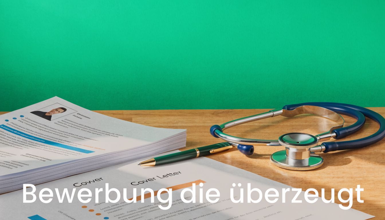 Ein Stethoskop liegt auf einer Bewerbungsmappe mit einer medizinischen Fachkraft auf einem hölzernen Schreibtisch.