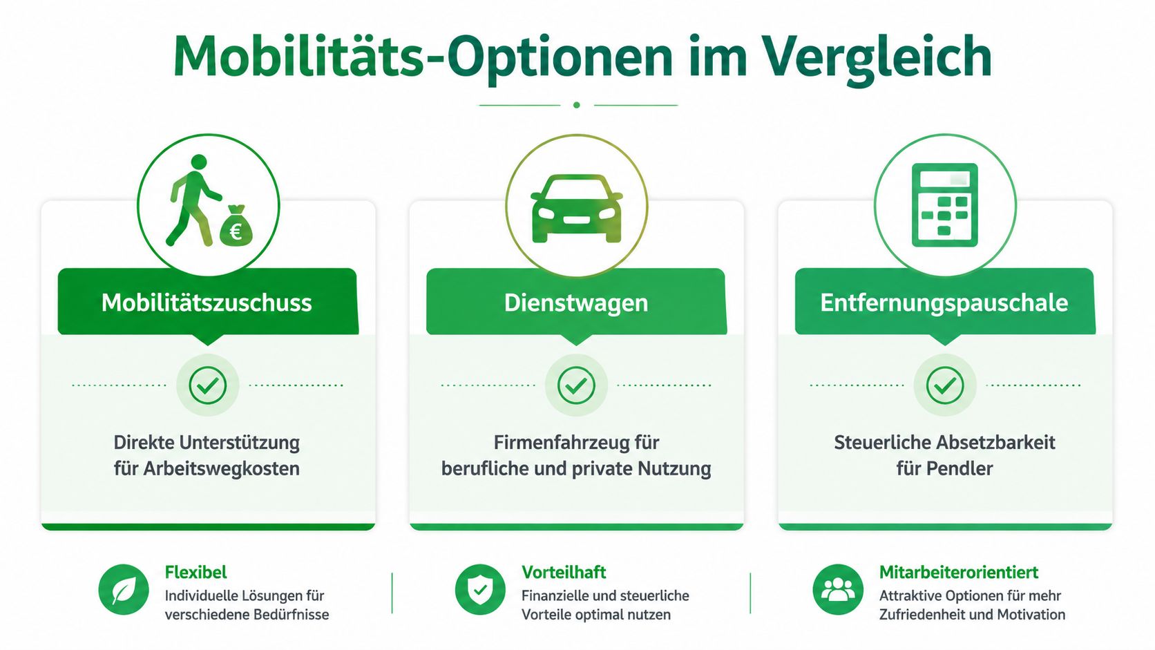 Vergleich von Mobilitätsoptionen wie Mobilitätszuschuss, Dienstwagen und Entfernungspauschale zur Unterstützung von Arbeitnehmern beim Arbeitsweg.