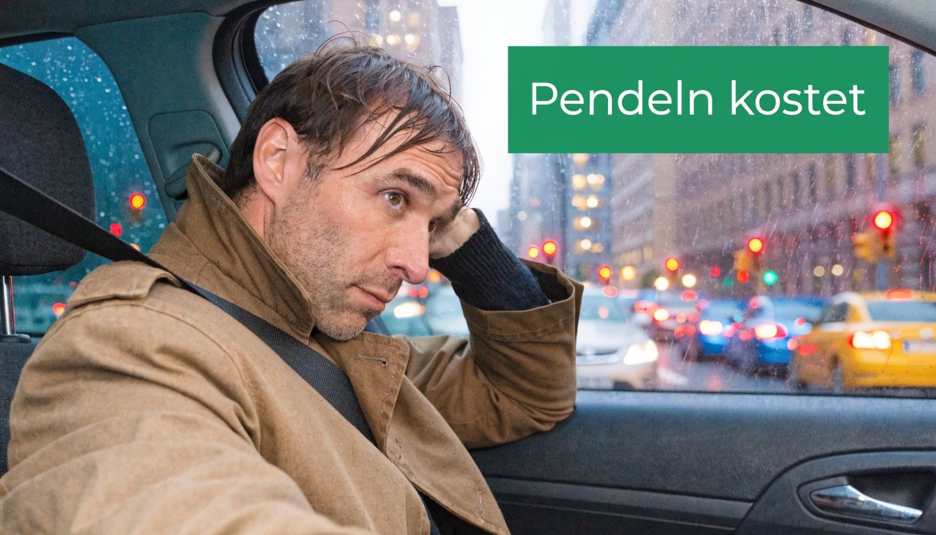 Ein gestresster Mann sitzt nachdenklich auf dem Beifahrersitz eines Autos in einem verregneten Stadtstau.