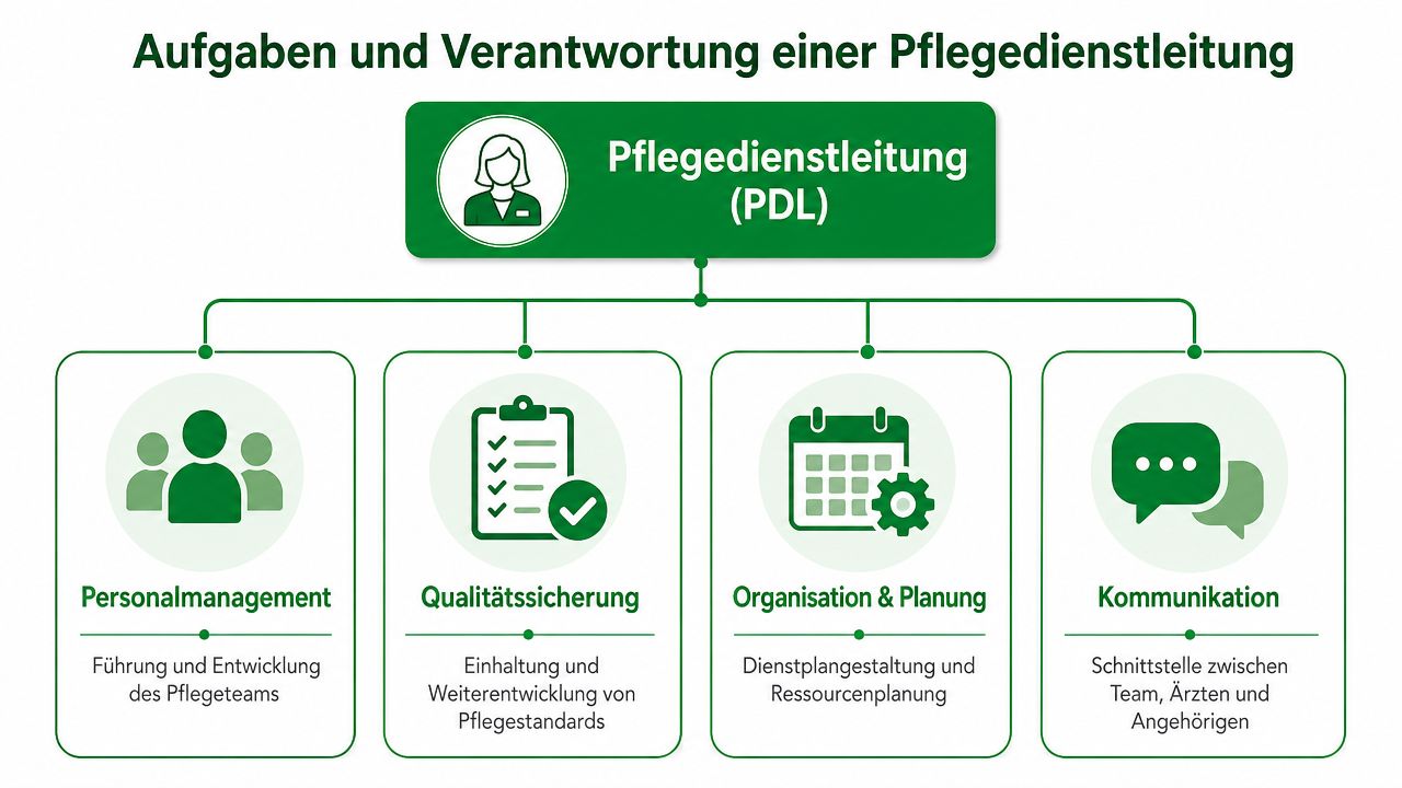 Ein Organigramm, das die zentralen Aufgaben und Verantwortungen einer Pflegedienstleitung übersichtlich in vier Hauptkategorien darstellt.