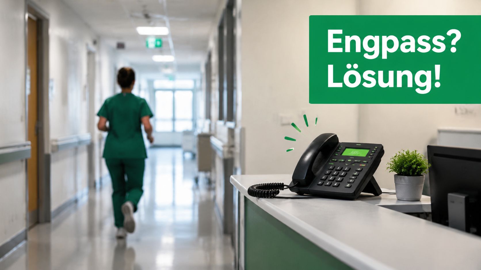 Ein Krankenhausflur mit einer laufenden Pflegekraft neben einem Schreibtischtelefon, das auf eine Lösung für Personalengpässe hinweist.