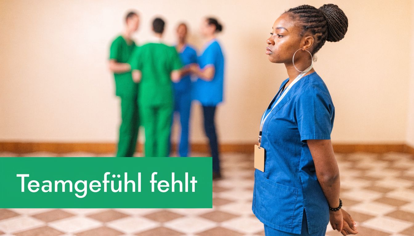 Eine junge Pflegerin steht isoliert vor einer Gruppe von Kollegen, was ein fehlendes Teamgefühl symbolisiert.