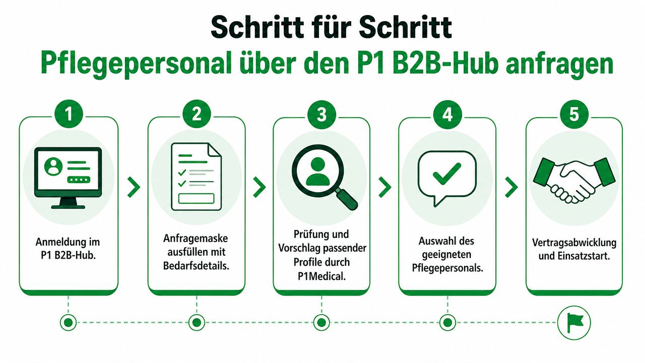 Grafik zeigt den fünfstufigen Prozess für die Anfrage von Pflegepersonal über den P1 B2B-Hub.