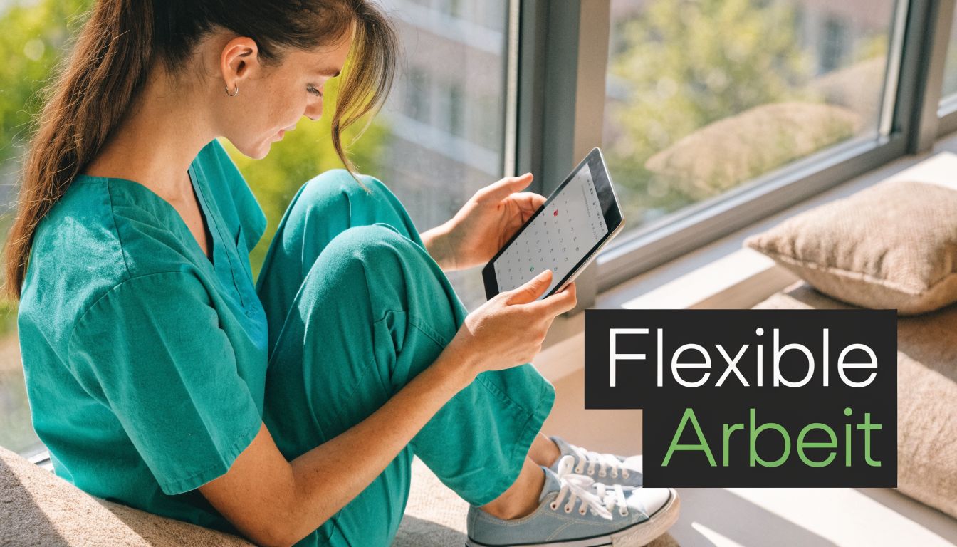 Eine junge medizinische Fachkraft in grüner Arbeitskleidung sitzt am Fenster und prüft flexibel ihren digitalen Dienstplan.