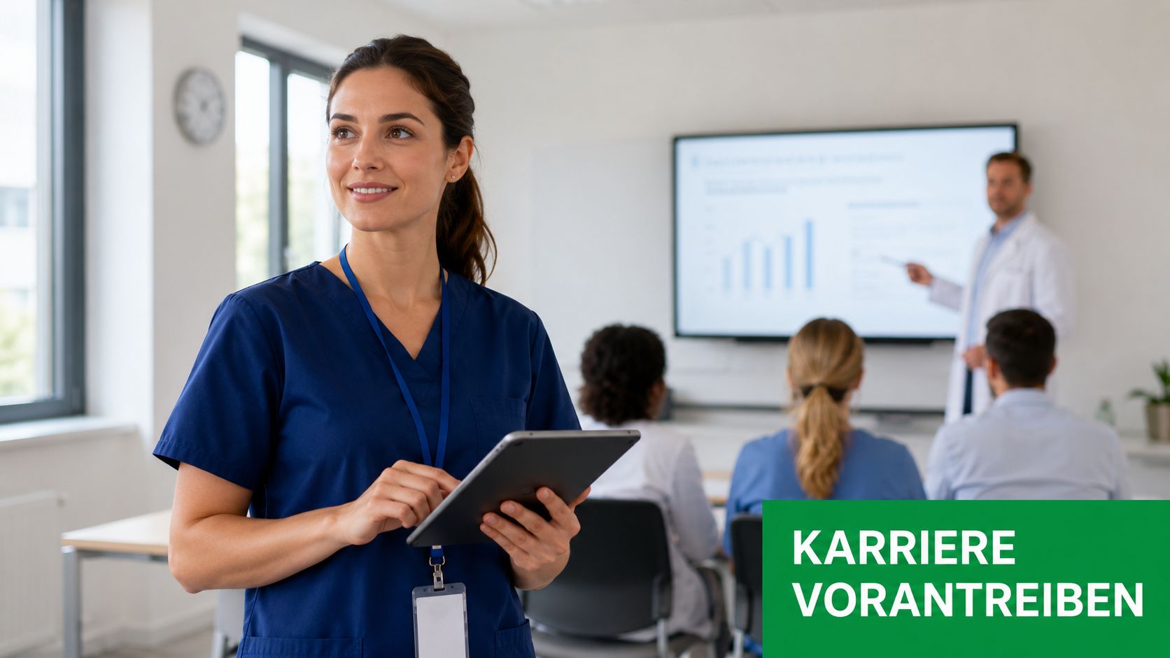 Eine lächelnde Pflegekraft hält ein Tablet in einem modernen Schulungsraum, während im Hintergrund eine Präsentation stattfindet.