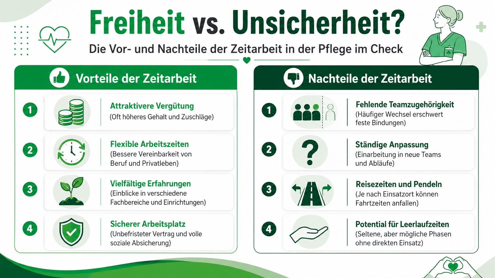 Infografik über die Vor- und Nachteile von Zeitarbeit in der professionellen Pflege mit Stichpunkten zu Chancen und Risiken.