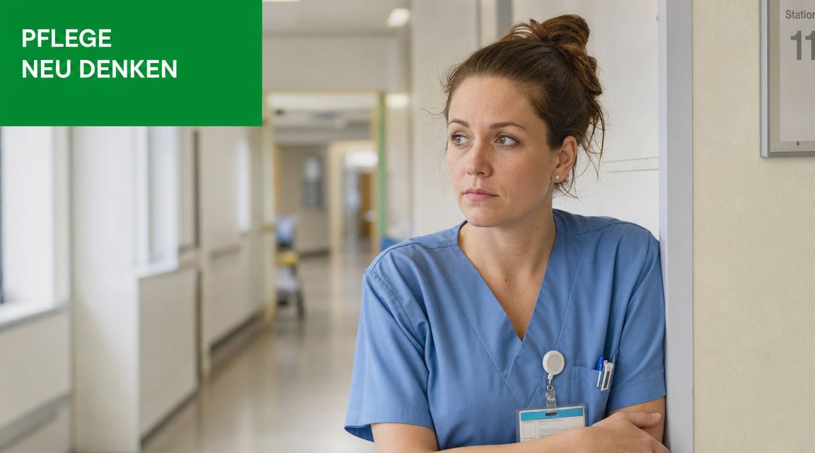 Eine nachdenkliche Krankenschwester steht in einem Krankenhausflur und schaut seitlich in die Ferne.