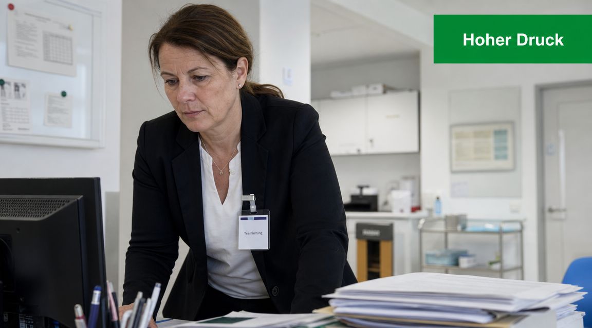 Eine Teamleiterin in einer Arztpraxis arbeitet konzentriert an einem Computerbildschirm unter hohem Arbeitsdruck.