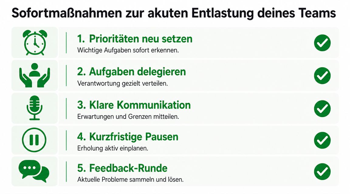 Infografik mit fünf Tipps zur kurzfristigen Entlastung von überlasteten Teams im Arbeitsalltag zur Verbesserung der Effizienz.