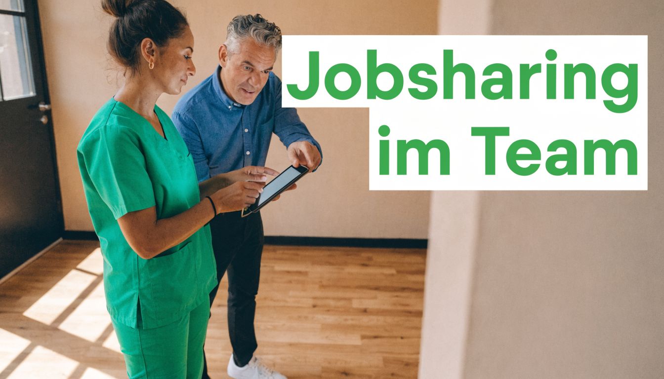 Eine Krankenschwester und ein Mitarbeiter besprechen gemeinsam einen digitalen Arbeitsplan auf einem Tablet im Büro.