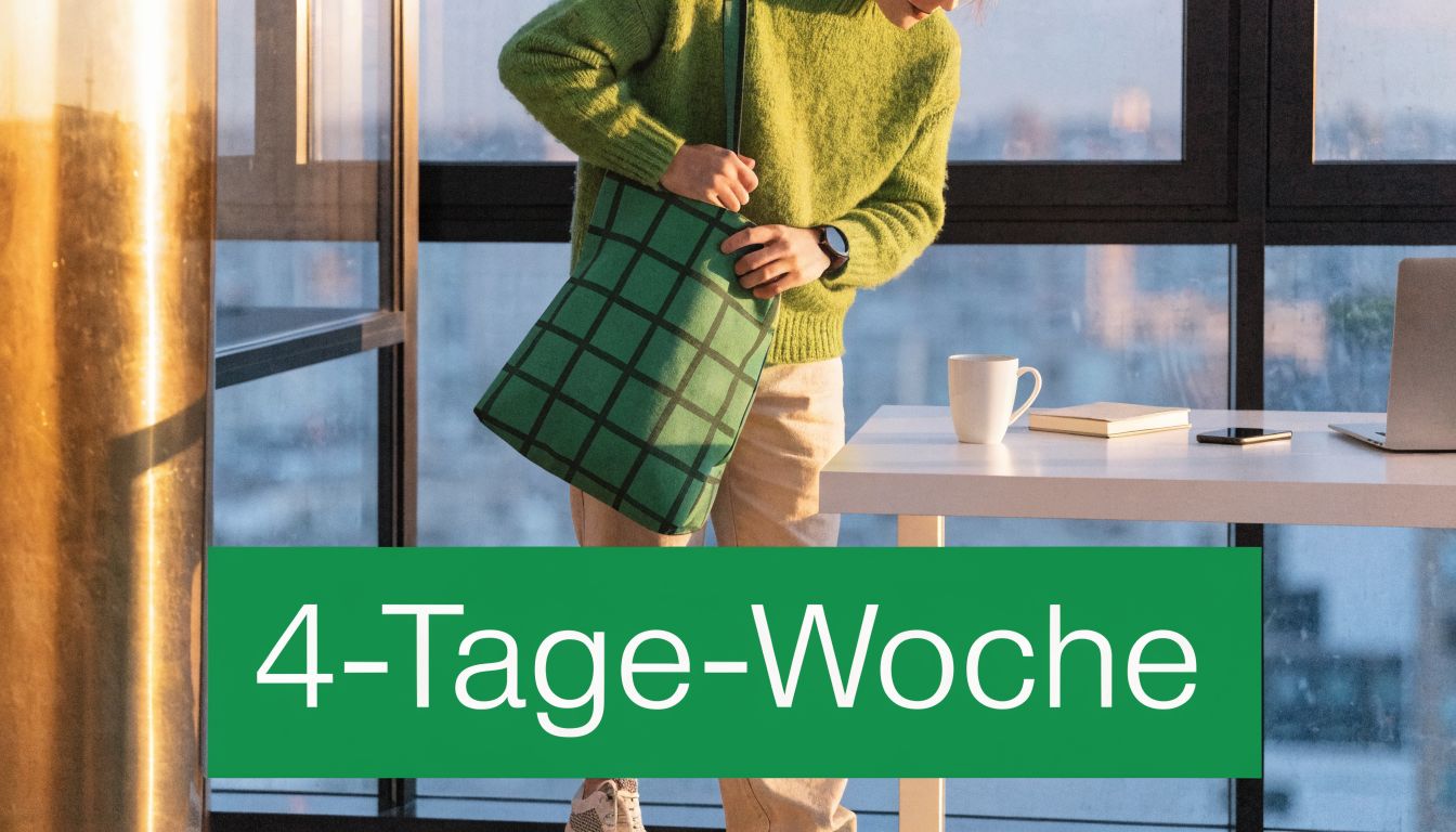 Eine Person mit grüner Tasche steht im Büro neben einem Schreibtisch mit Laptop, Tasse und Text 4-Tage-Woche.