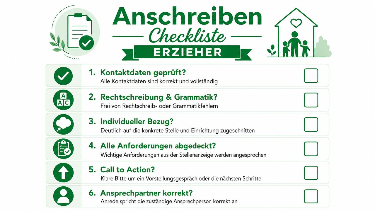 Eine grüne Checkliste für Erzieher mit sechs Punkten zur Überprüfung eines professionellen Bewerbungsschreibens für pädagogische Berufe.