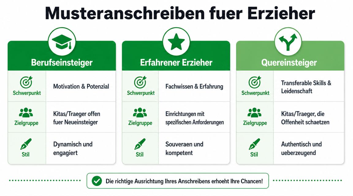 Eine Übersicht über verschiedene Musteranschreiben für Erzieher, unterteilt in Berufseinsteiger, erfahrene Erzieher und Quereinsteiger für Kitas.