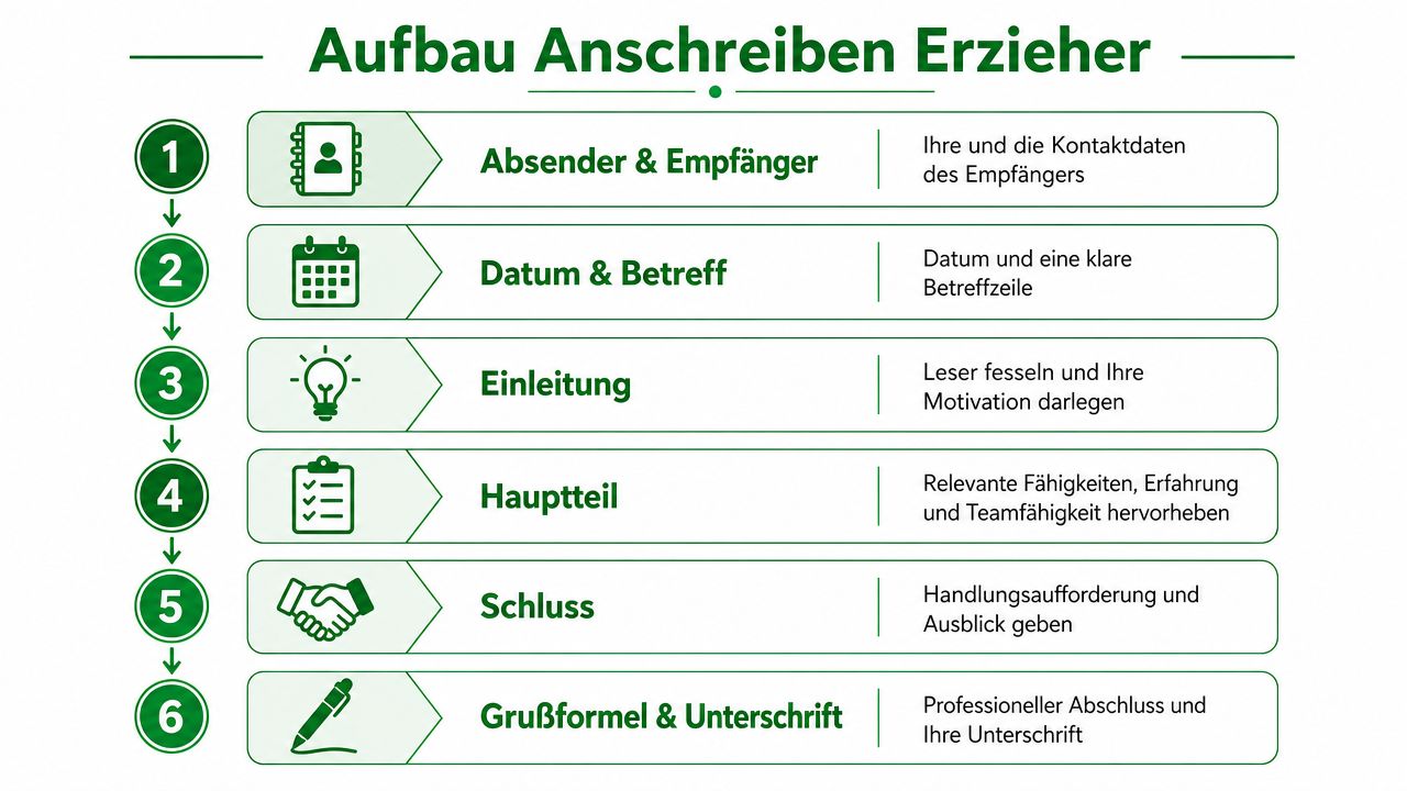 Eine Infografik, die die sechs Bestandteile für den Aufbau eines professionellen Anschreibens für Erzieher darstellt.