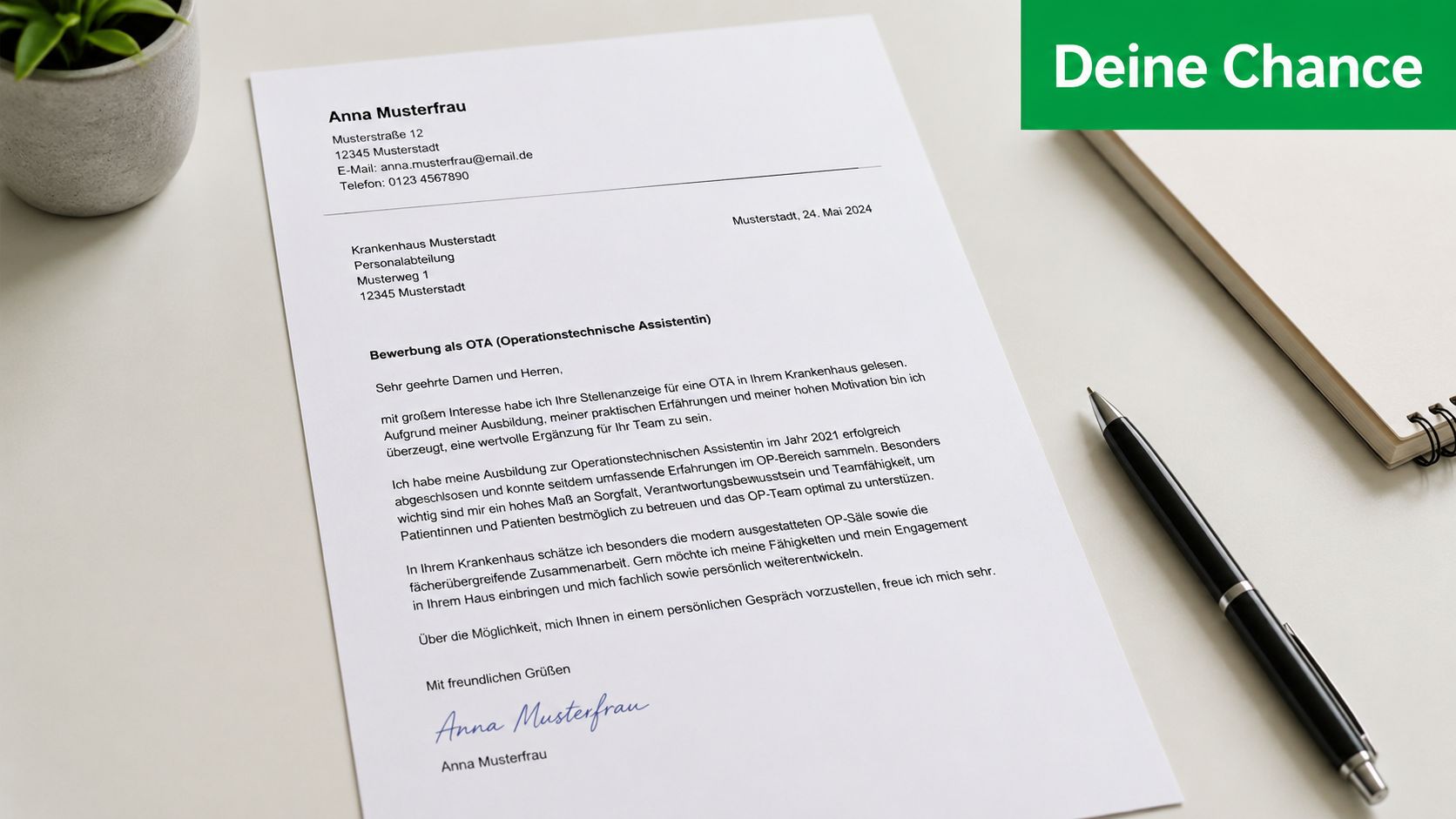 Ein formelles Bewerbungsschreiben für die Stelle als Operationstechnische Assistentin, platziert auf einem Schreibtisch neben einem Stift.
