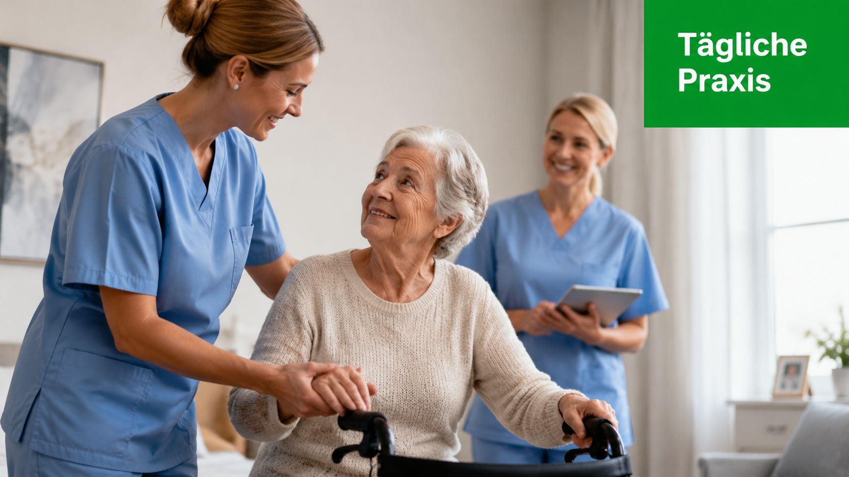 Zwei freundliche Pflegekräfte unterstützen eine lächelnde ältere Dame bei ihren ersten Schritten mit einem Rollator.