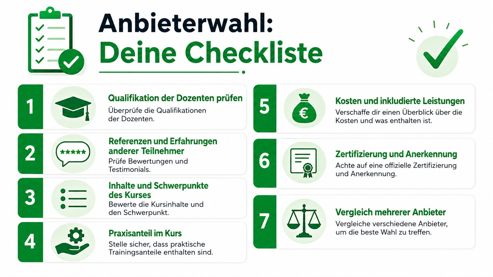Eine Checkliste mit sieben wichtigen Tipps zur Auswahl eines geeigneten Anbieters für Fortbildungen und Kurse.