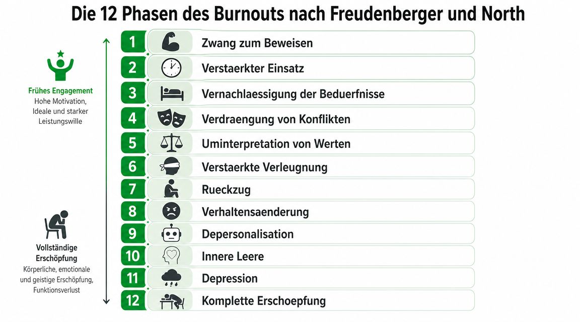 Eine Infografik stellt die 12 Phasen des Burnouts nach Freudenberger und North in einer nummerierten Liste dar.
