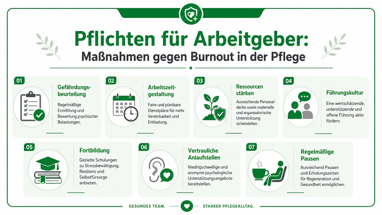 Infografik zeigt sieben Maßnahmen für Arbeitgeber zur Vorbeugung von Burnout und zur Förderung der Gesundheit in der Pflege.