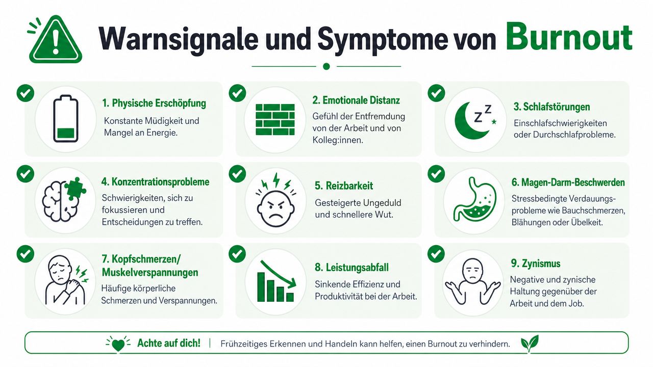 Eine Infografik mit neun Warnsignalen und Symptomen von Burnout, wie Erschöpfung, Schlafstörungen und Konzentrationsprobleme.