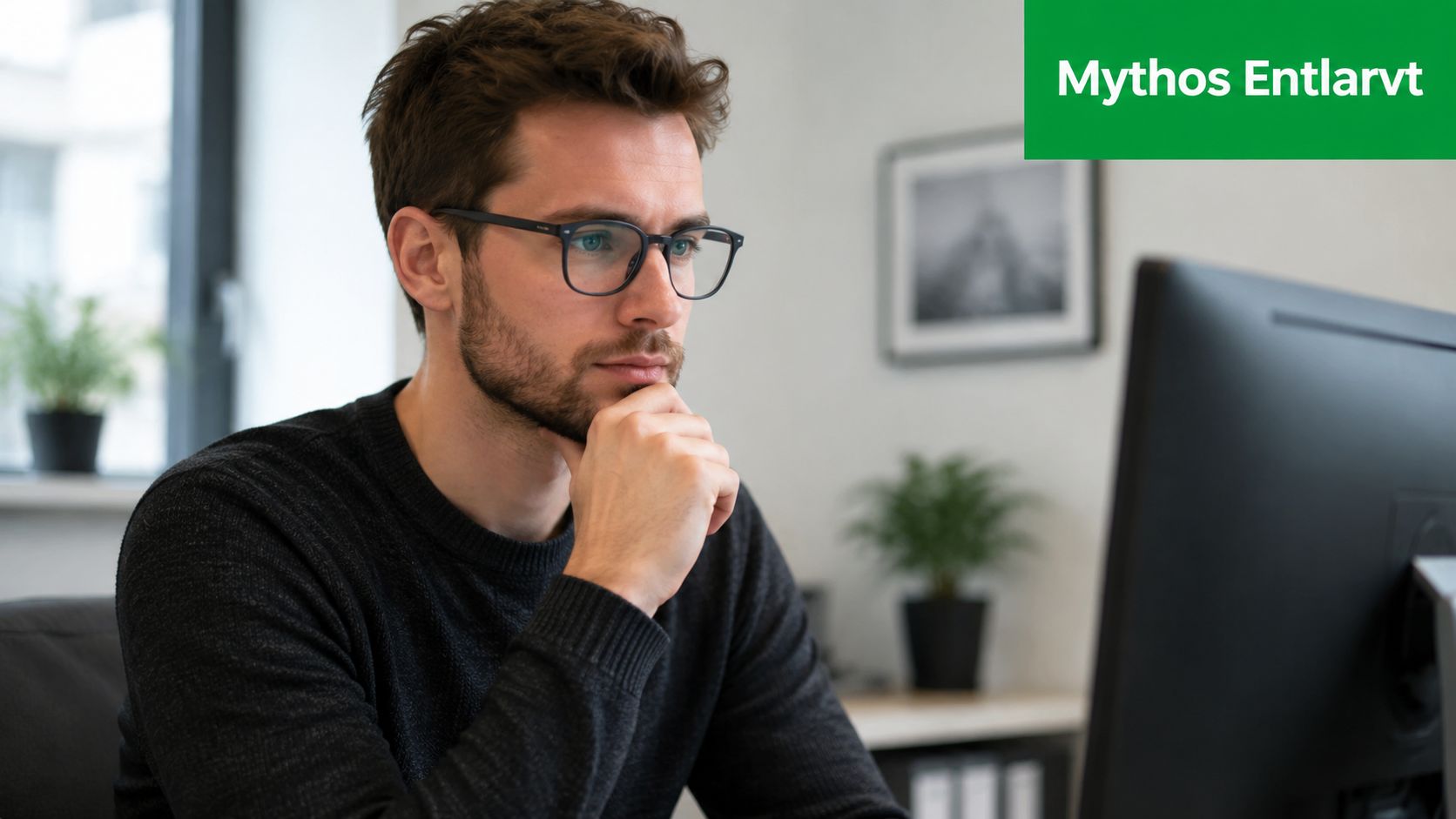 Ein junger Mann mit Brille sitzt nachdenklich vor einem Computerbildschirm in einem modernen Büro.