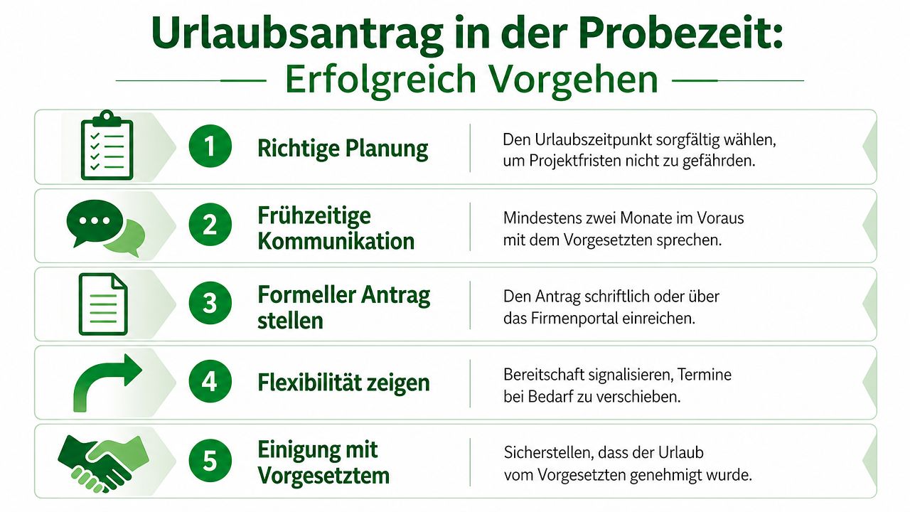 Eine Infografik mit fünf Tipps zur erfolgreichen Beantragung von Urlaub während der Probezeit im Arbeitsverhältnis.