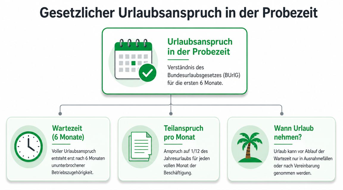 Infografik zum gesetzlichen Urlaubsanspruch während der Probezeit gemäß dem Bundesurlaubsgesetz für die ersten sechs Monate.