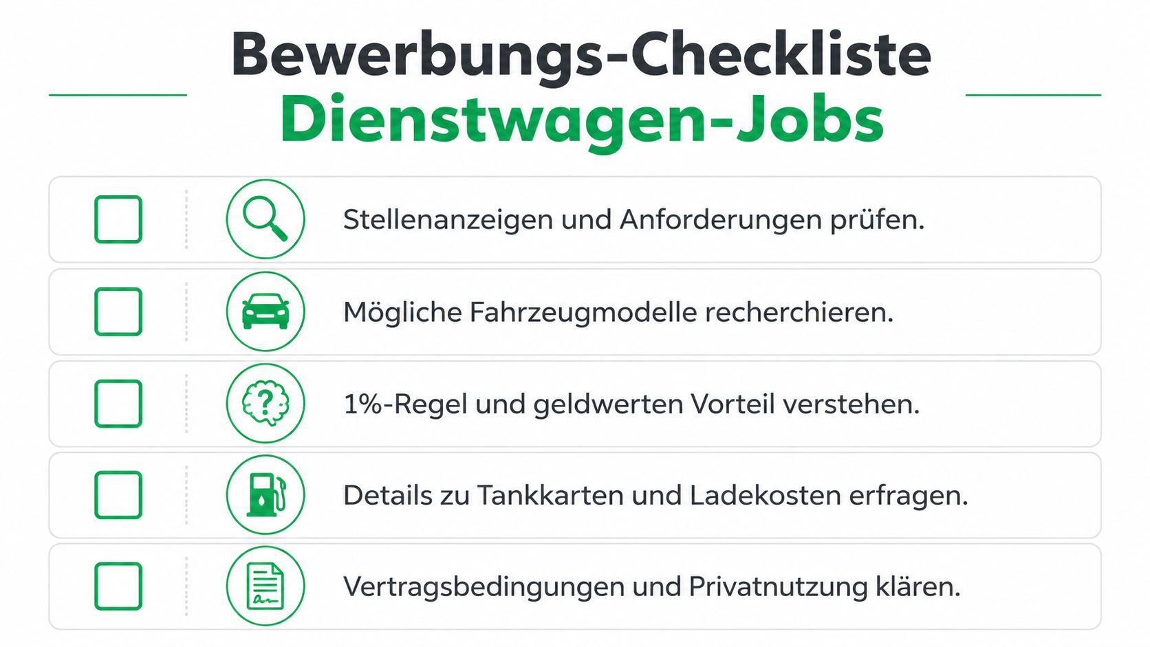 Eine Checkliste für Bewerber mit Dienstwagen in grüner Schrift auf weißem Hintergrund mit fünf wichtigen Schritten.