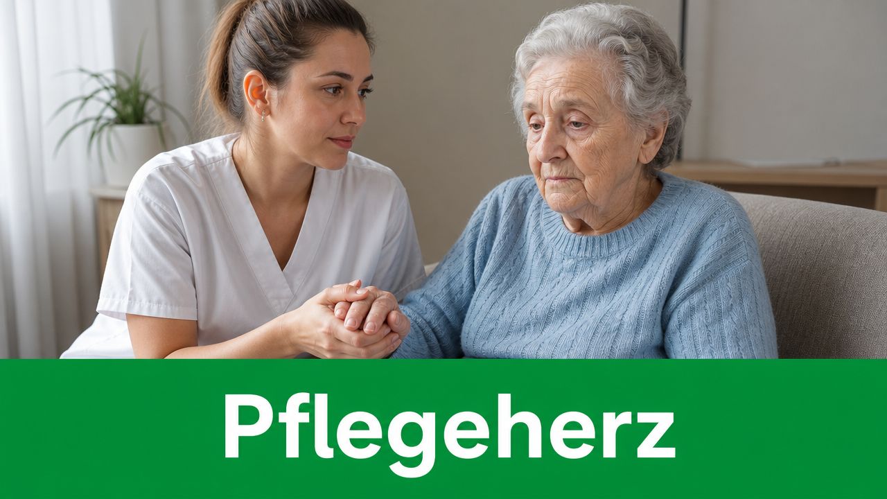 Eine junge Pflegekraft hält tröstend die Hand einer älteren Dame, die traurig und nachdenklich wirkt.