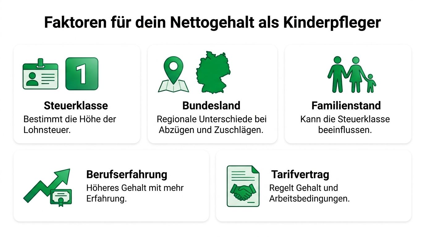 Eine Infografik zeigt fünf wichtige Faktoren, die das Nettogehalt eines Kinderpflegers in Deutschland maßgeblich beeinflussen.